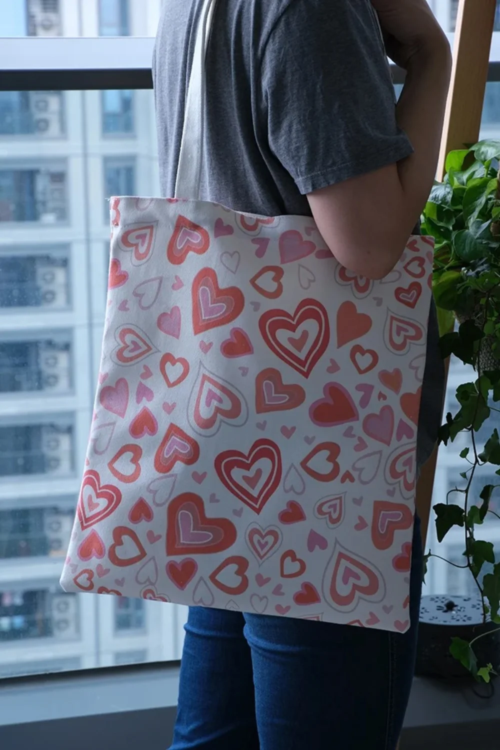 Heart design pure cotton canvas tote bag with metal push button - CT23A031 - Detail