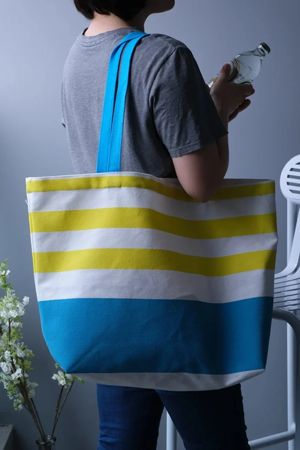 Classic plaid fashion design large capacity cotton canvas beach bag with metal push button - CT23A032 - Detail