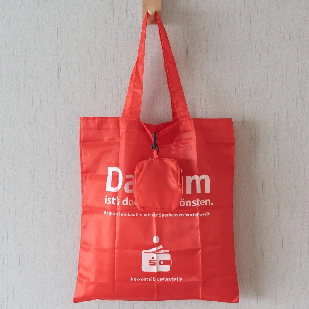 Reusable Custom printed logo pocket 190T polyester foldable shopping bags with pouch - JR22PE03