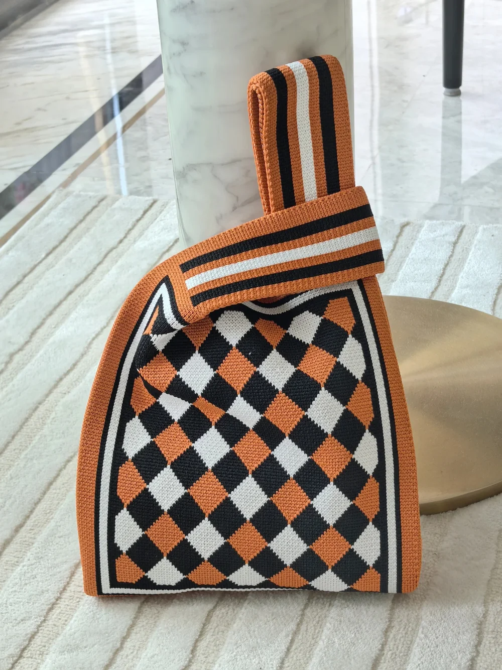 Islamic Style Geometric Pattern Knitted Wool Bucket Bag Casual Tote Box Lunch Bag Nylon Knit Shopping Tote Bag - KT-24G55 - Detail