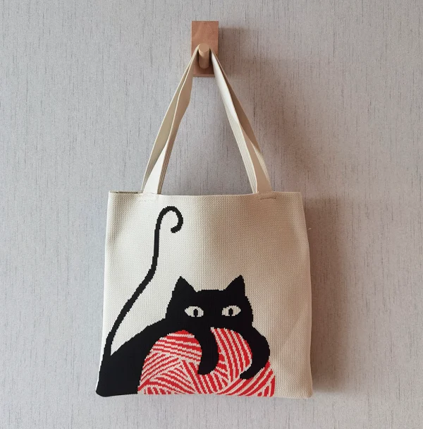 large capacity Reusable Casual Color cat design Shopping Bags Checkered Crochet Knitting Tote Bag Knit Tote Bag For Women - KT-S08 - Detail