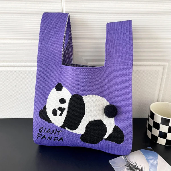 large capacity Reusable Casual Color cat design Shopping Bags Checkered Crochet Knitting Tote Bag Knit Tote Bag For Women - KT-S08 - Detail