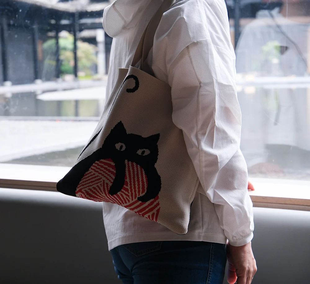 large capacity Reusable Casual Color cat design Shopping Bags Checkered Crochet Knitting Tote Bag Knit Tote Bag For Women - KT-S08 - Detail