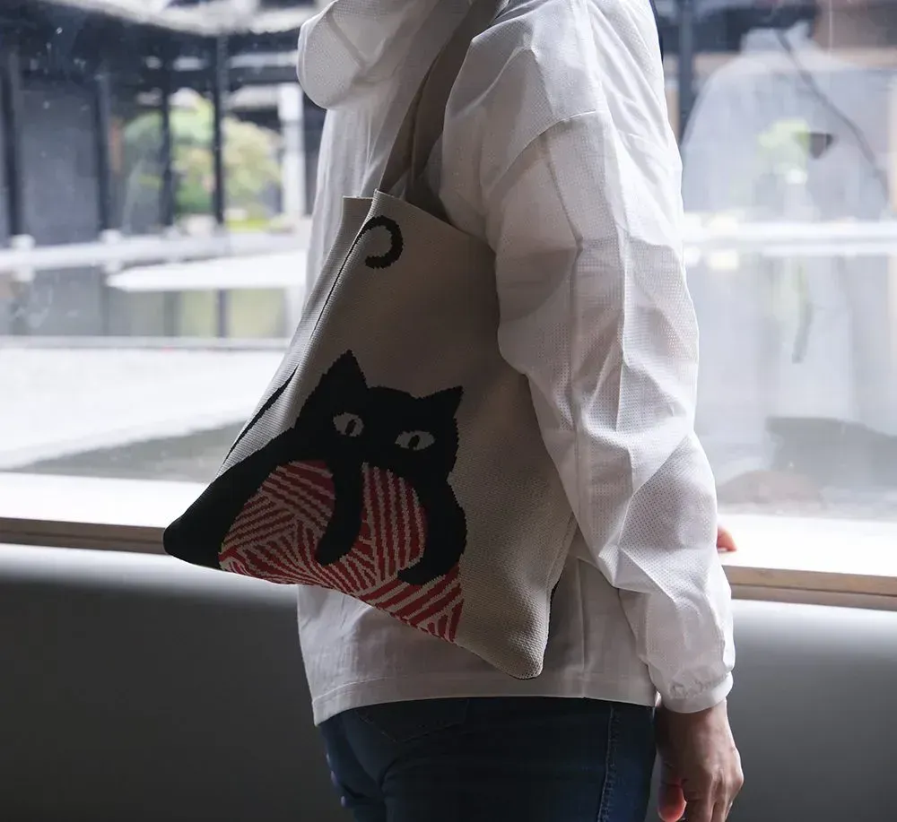 large capacity Reusable Casual Color cat design Shopping Bags Checkered Crochet Knitting Tote Bag Knit Tote Bag For Women - KT-S08 - Detail