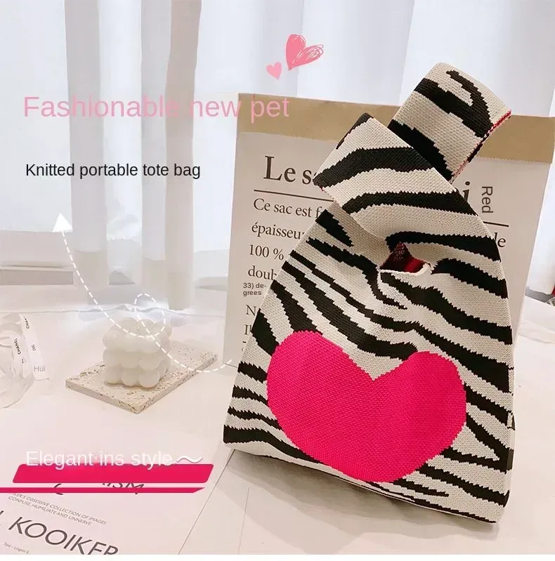 large capacity Reusable Casual Color cat design Shopping Bags Checkered Crochet Knitting Tote Bag Knit Tote Bag For Women - KT-S08 - Detail