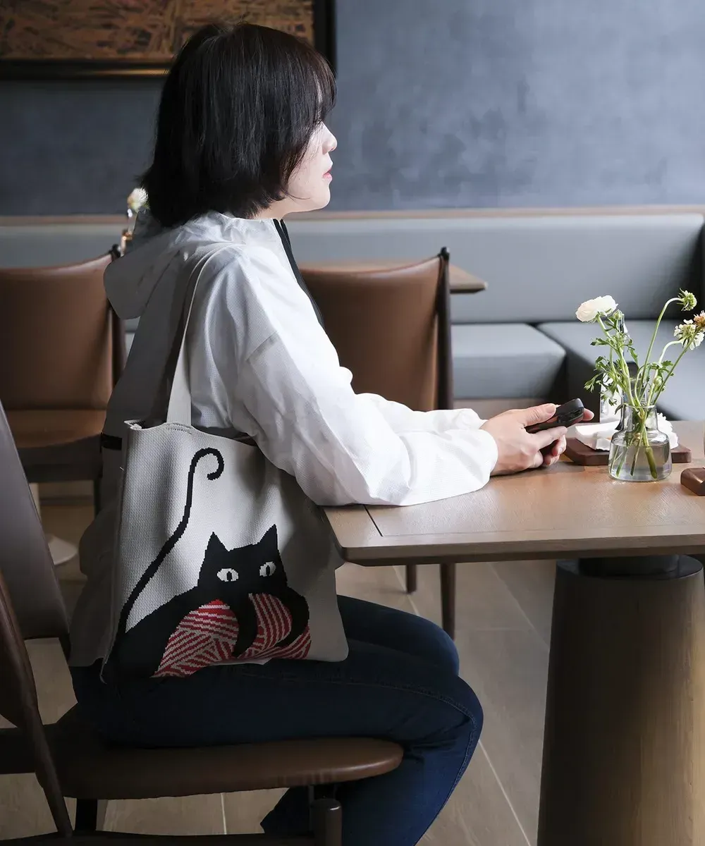 large capacity Reusable Casual Color cat design Shopping Bags Checkered Crochet Knitting Tote Bag Knit Tote Bag For Women - KT-S08 - Detail