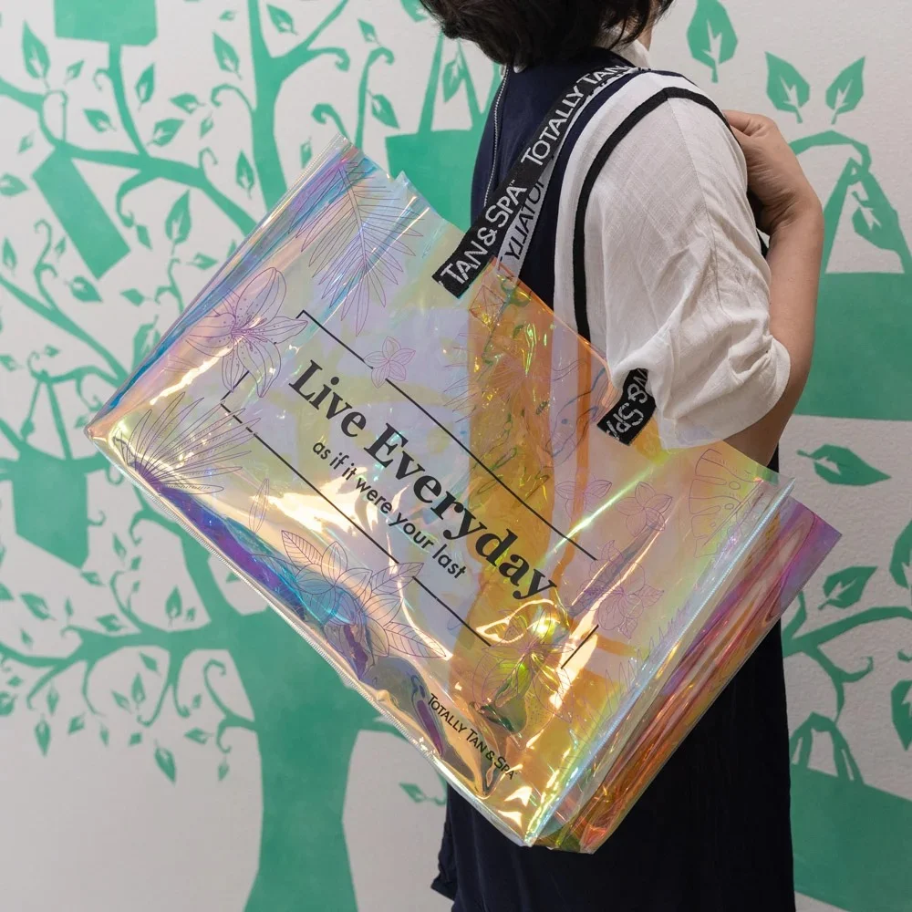 Custom LOGO Silk Screen Print Transparent Holographic Fashion PVC Tote Bag - RG23PV01 - Detail