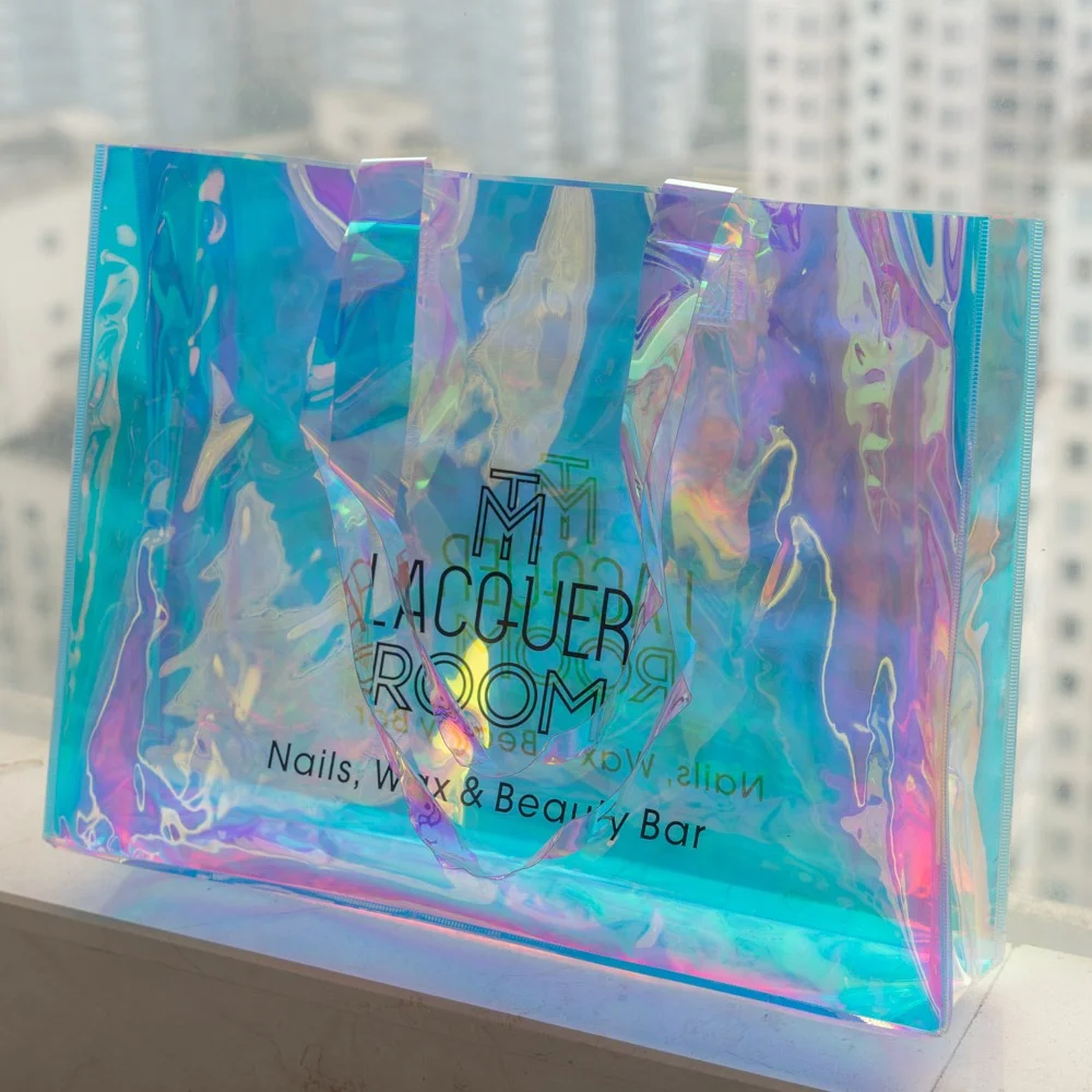 Custom LOGO Silk Screen Print Transparent Holographic Fashion PVC Tote Bag - RG23PV01