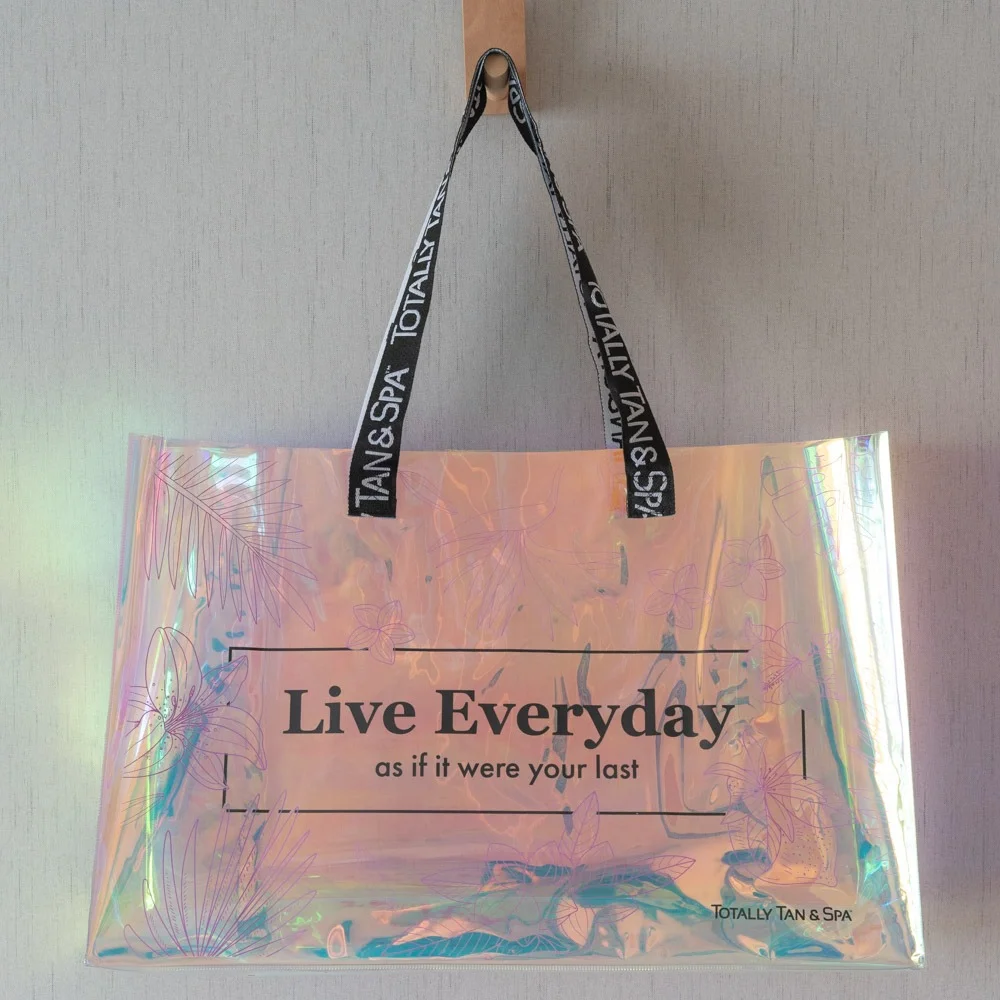 Custom logo printing webbing Handles Laser Transparent Hologram Clear PVC Tote Bag - RG23PV02