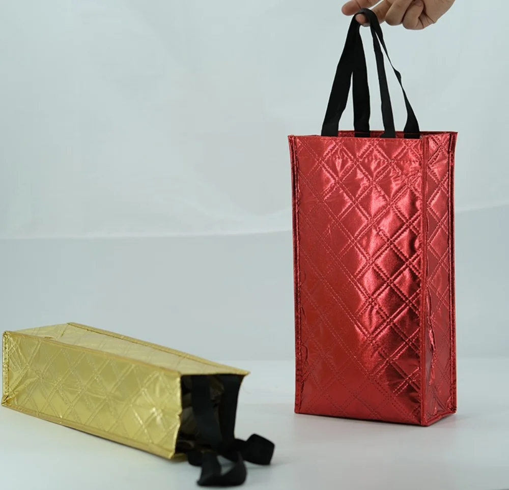 Reusable Golden laminated PP Non Woven Tote Gift Wine for one two Bottle Bags - WB-1806 - Detail